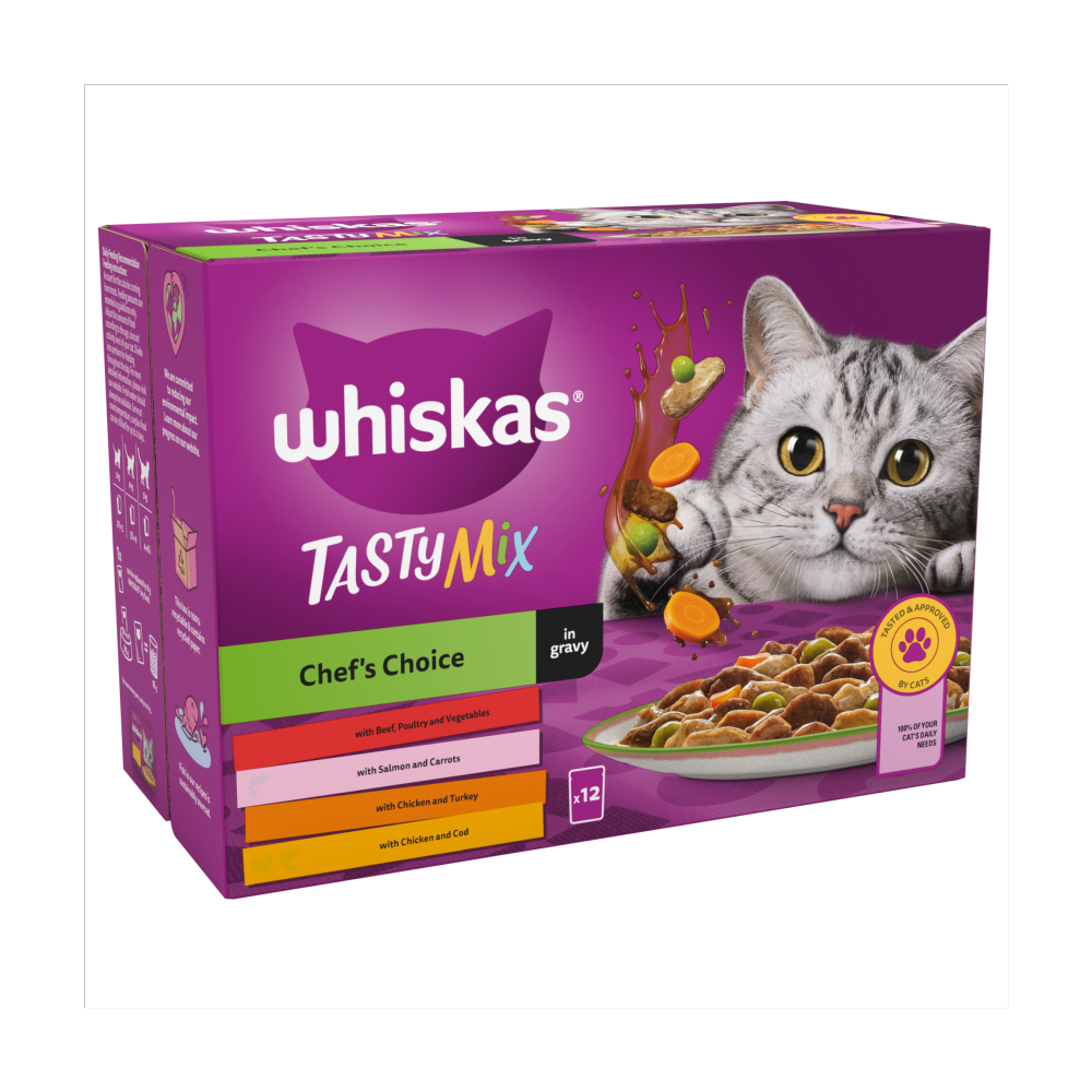 WHISKAS 1+ TASTY MIX Chefs Choice Wet Cat Food Pouches in Gravy 12 x 85g
