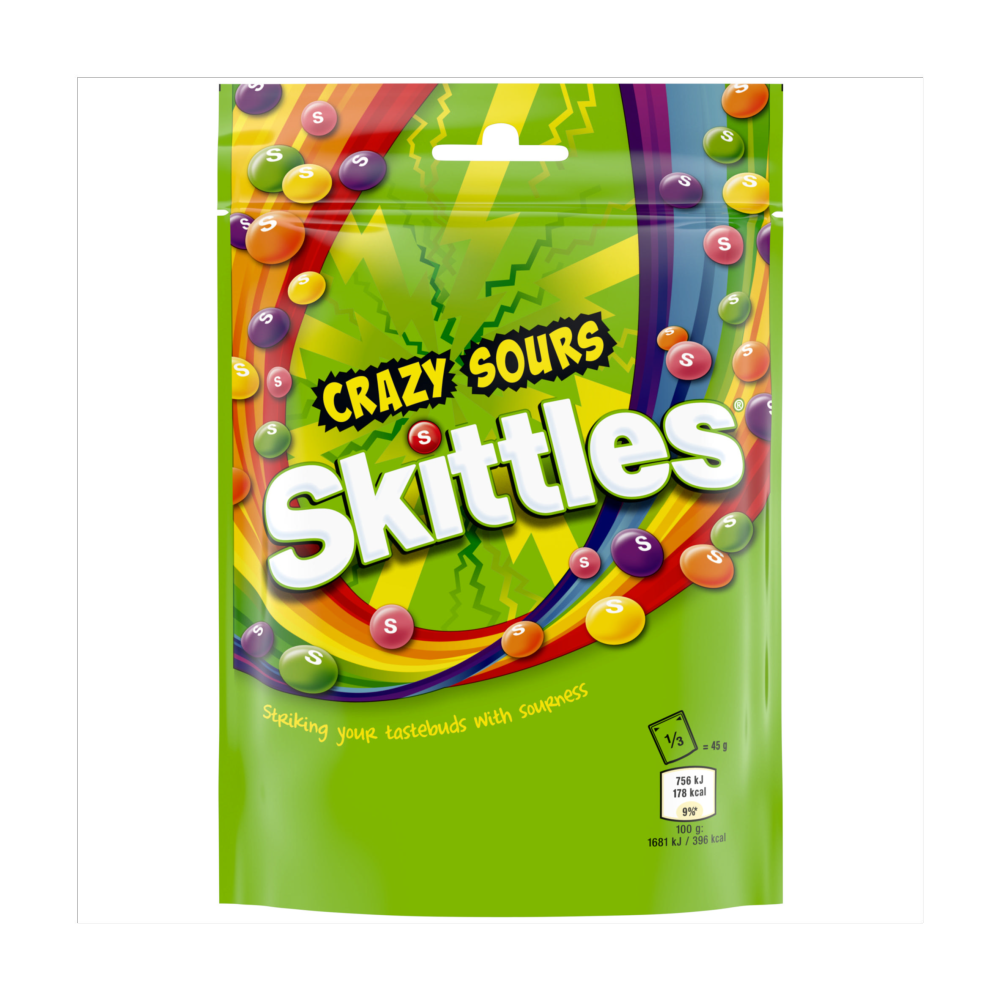 Skittles Crazy Sour Sweets Fruit Flavoured Pouch Bag 136g