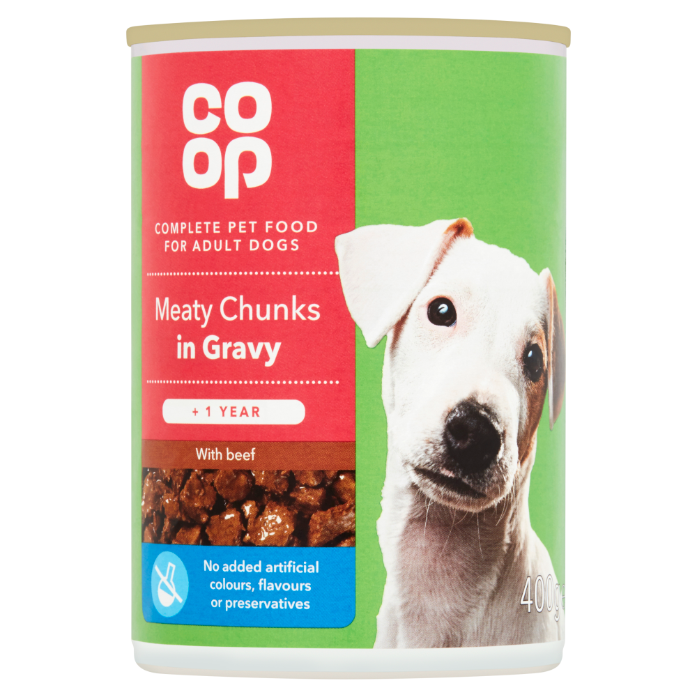 Co-op Complete & Balanced Nutrition for Adult Dogs with Beef in Gravy Meaty Chunks +1 Year 400g