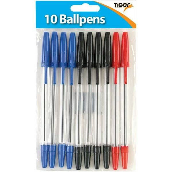 Tiger Ballpoint Pens, pack of 10 Black, Blue and Red 302011