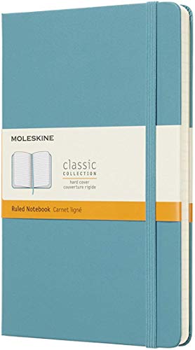 Moleskine Classic Ruled Paper Notebook, Hard Cover and Elastic Closure Journal, Color Reef Blue, Size Large 13 x 21 cm