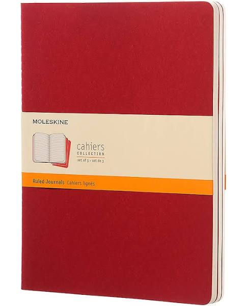 Moleskine Cahier Journal (Set of 3), Extra Large, Ruled, Cranberry Red, Soft Cover