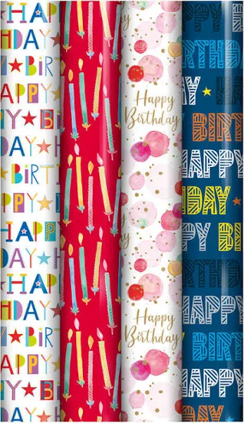 4 x 3m Gift Wrap Rolls Birthday Gift Wrap Wrapping Paper Party Decor Unisex