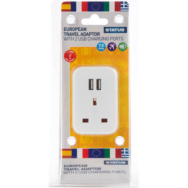 Status European Plug Through Travel Adaptor with 2 USB Ports